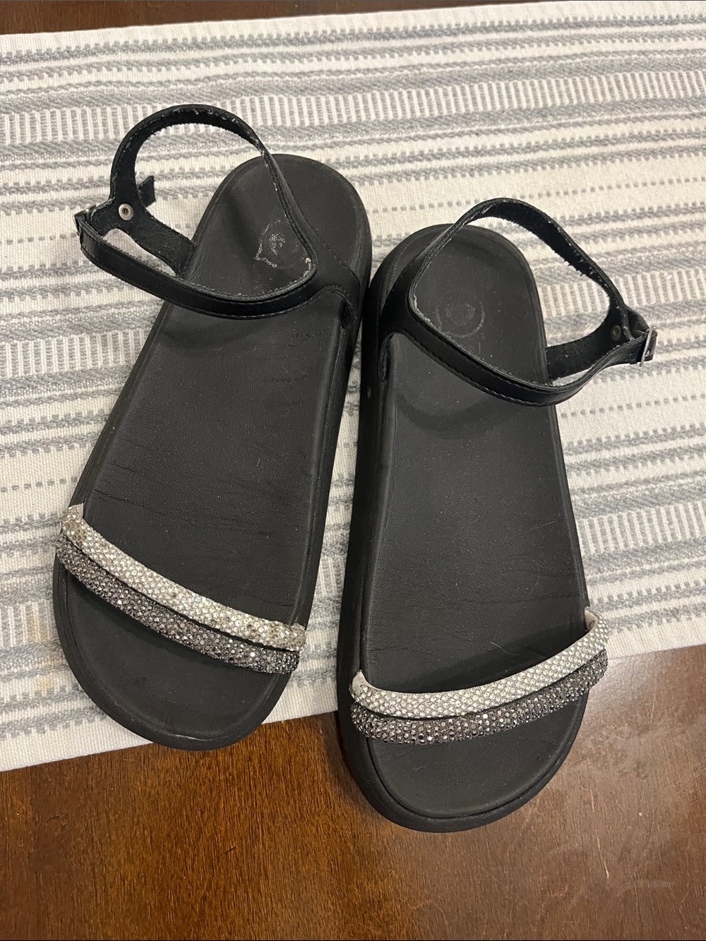 Girls' Black Sparkle-Strap Ankle Sandals